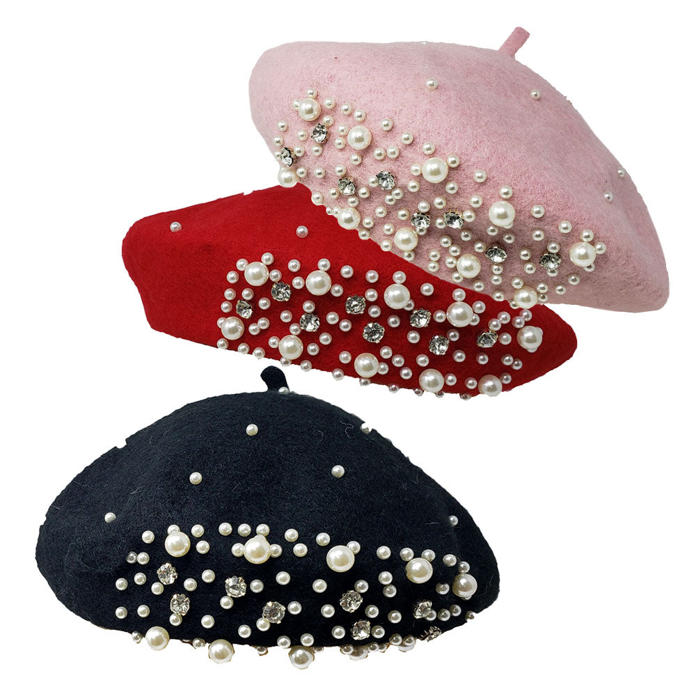 Rhinestone & Pearl Beret Hat