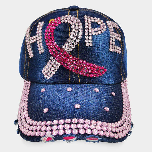 Pink Ribbon Hope Embellished  Denim Hat