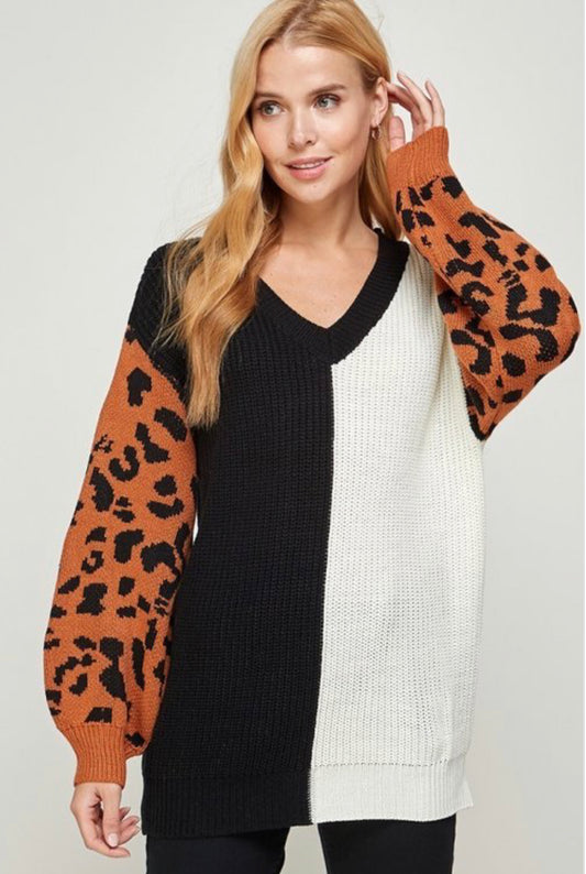 Leopard Print Color Block sweater