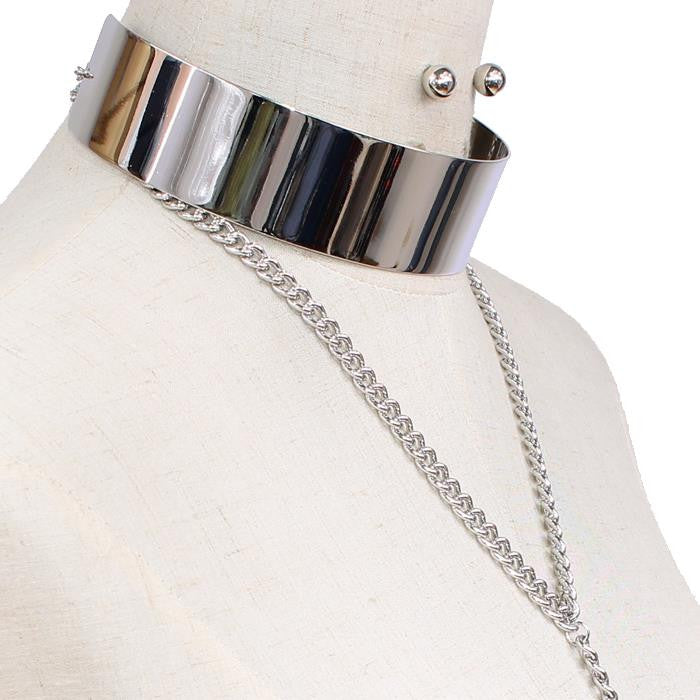 Metal Bar Chain link Choker Necklace & Earring Set