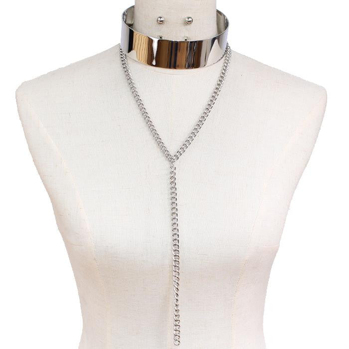 Metal Bar Chain link Choker Necklace & Earring Set