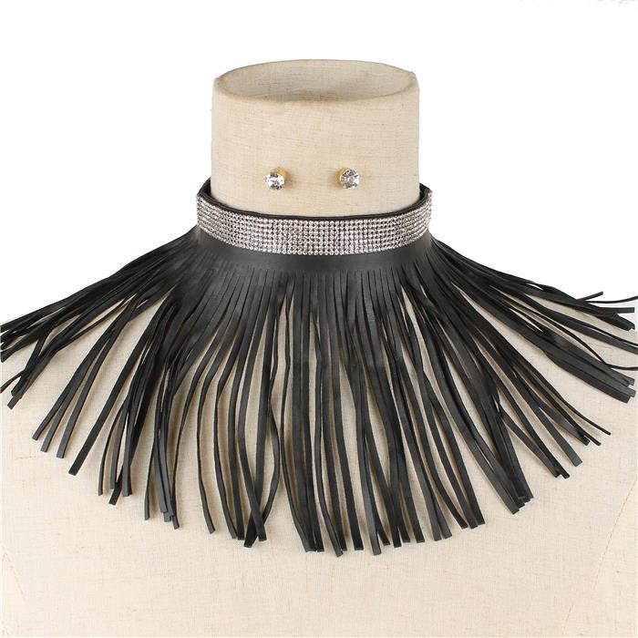 Leather Fringe Choker Necklace & Earring Set