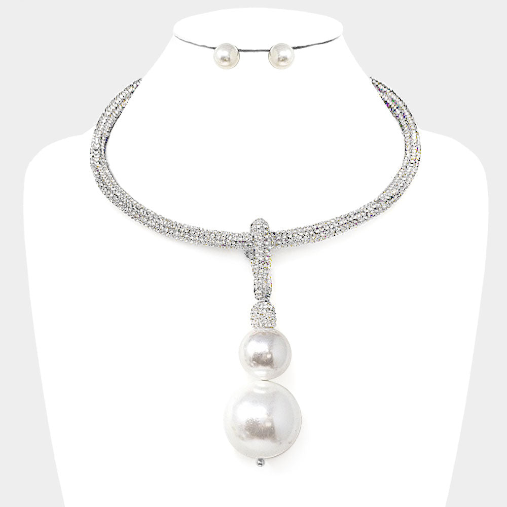 Double Pearl Rhinestone Necklace Set