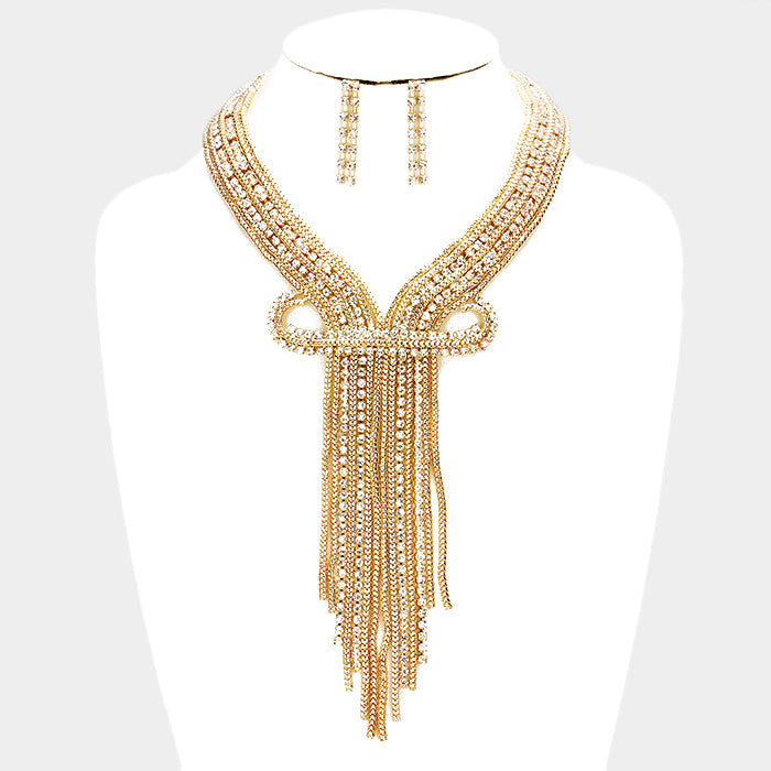 Rhinestone Fringe Bib Necklace and Earring Set