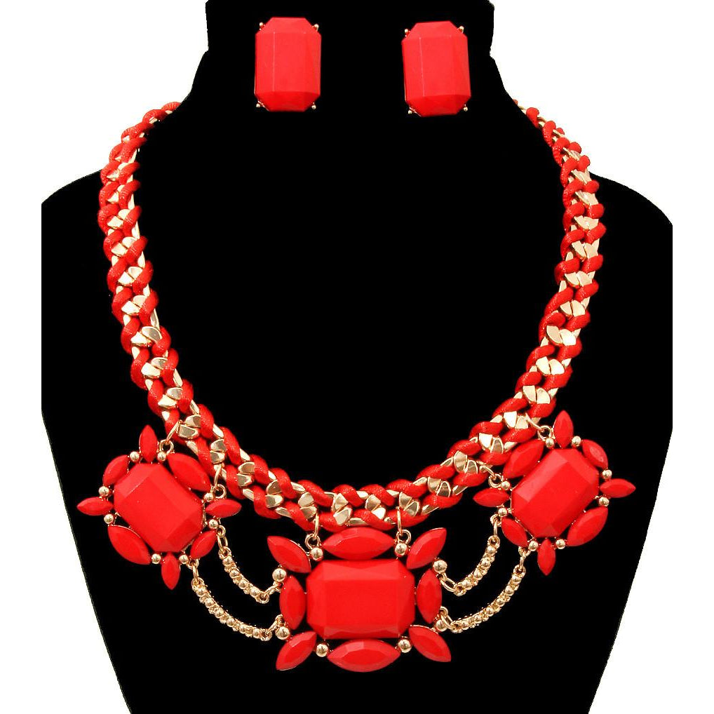 Red Faceted Stone Necklace & Earring Set