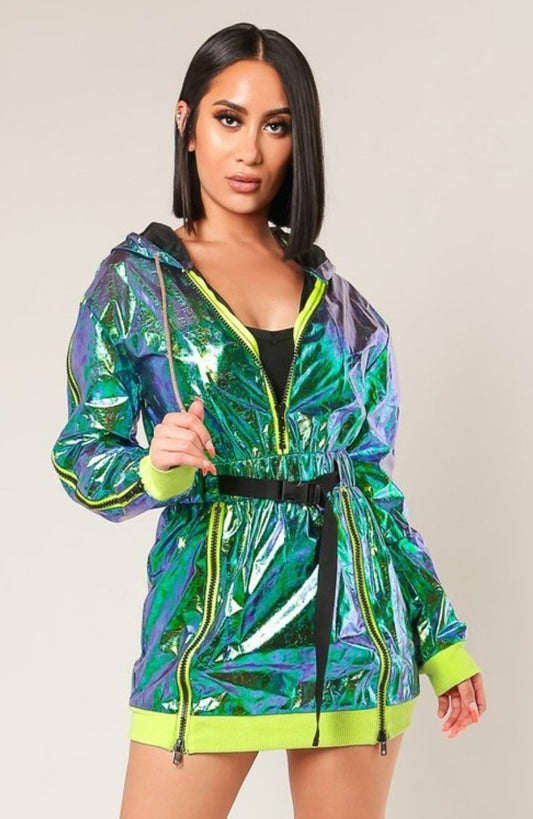 Holographic Hooded Jacket Dress