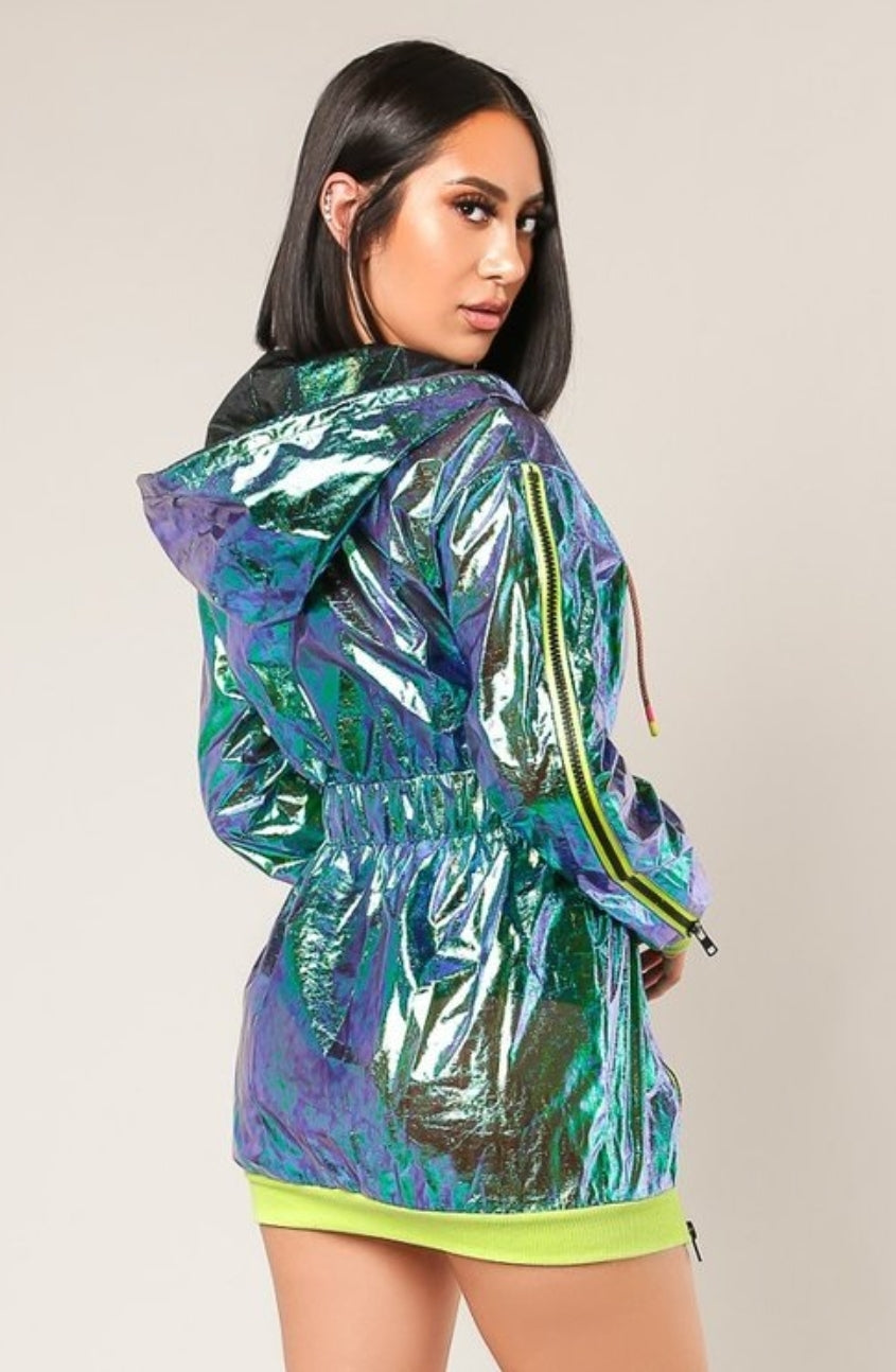 Holographic Hooded Jacket Dress