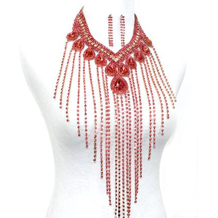 Rhinestone Teardrop Fringe Necklace Set